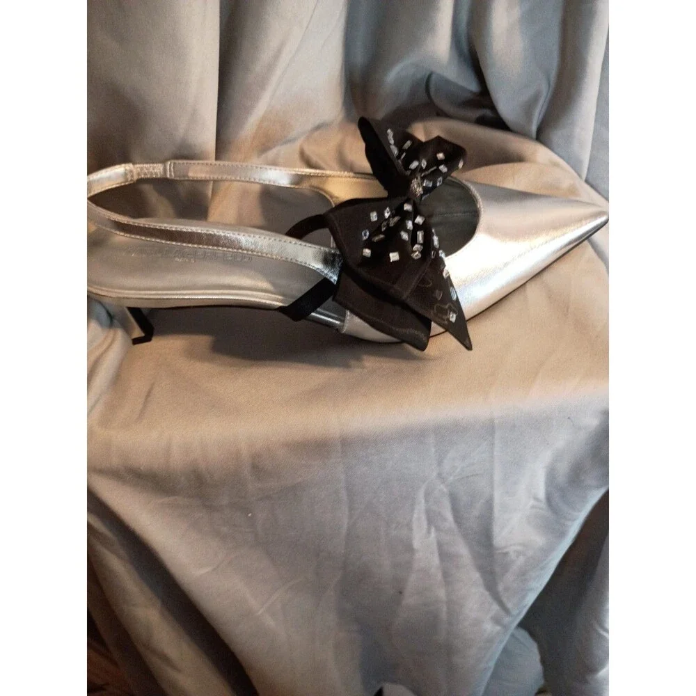 Karl Lagerfeld Sky Lynn Silver Slingback Pumps Removable Crystal Embellished Bow